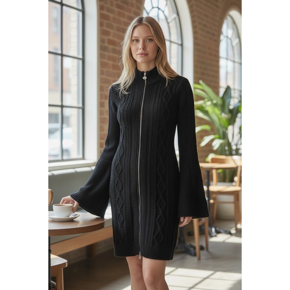 Tory Burch Dress Womens‎ XS Black Pure Merino Wool Bell Cable Zip Cardigan Goth